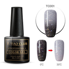 Load image into Gallery viewer, T-TIAO CLUB Thermal Shimmer Nail Gel Holographic Glitter Temperature Color Changing UV Gel Polish Varnish Lacquer Soak Off