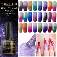 Load image into Gallery viewer, T-TIAO CLUB Thermal Shimmer Nail Gel Holographic Glitter Temperature Color Changing UV Gel Polish Varnish Lacquer Soak Off
