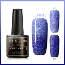 Load image into Gallery viewer, T-TIAO CLUB Thermal Shimmer Nail Gel Holographic Glitter Temperature Color Changing UV Gel Polish Varnish Lacquer Soak Off
