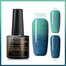 Load image into Gallery viewer, T-TIAO CLUB Thermal Shimmer Nail Gel Holographic Glitter Temperature Color Changing UV Gel Polish Varnish Lacquer Soak Off
