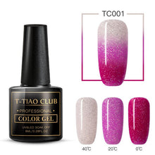 Load image into Gallery viewer, T-TIAO CLUB Thermal Shimmer Nail Gel Holographic Glitter Temperature Color Changing UV Gel Polish Varnish Lacquer Soak Off
