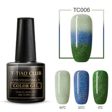 Load image into Gallery viewer, T-TIAO CLUB Thermal Shimmer Nail Gel Holographic Glitter Temperature Color Changing UV Gel Polish Varnish Lacquer Soak Off
