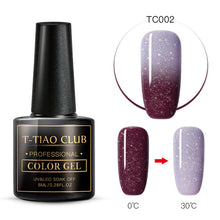 Load image into Gallery viewer, T-TIAO CLUB Thermal Shimmer Nail Gel Holographic Glitter Temperature Color Changing UV Gel Polish Varnish Lacquer Soak Off
