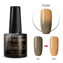 Load image into Gallery viewer, T-TIAO CLUB Thermal Shimmer Nail Gel Holographic Glitter Temperature Color Changing UV Gel Polish Varnish Lacquer Soak Off
