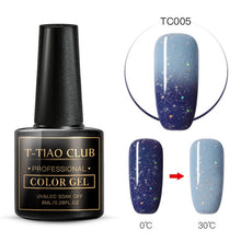 Load image into Gallery viewer, T-TIAO CLUB Thermal Shimmer Nail Gel Holographic Glitter Temperature Color Changing UV Gel Polish Varnish Lacquer Soak Off
