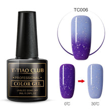 Load image into Gallery viewer, T-TIAO CLUB Thermal Shimmer Nail Gel Holographic Glitter Temperature Color Changing UV Gel Polish Varnish Lacquer Soak Off
