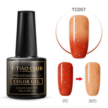 Load image into Gallery viewer, T-TIAO CLUB Thermal Shimmer Nail Gel Holographic Glitter Temperature Color Changing UV Gel Polish Varnish Lacquer Soak Off
