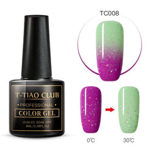 Load image into Gallery viewer, T-TIAO CLUB Thermal Shimmer Nail Gel Holographic Glitter Temperature Color Changing UV Gel Polish Varnish Lacquer Soak Off
