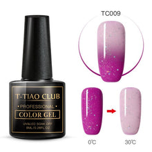 Load image into Gallery viewer, T-TIAO CLUB Thermal Shimmer Nail Gel Holographic Glitter Temperature Color Changing UV Gel Polish Varnish Lacquer Soak Off
