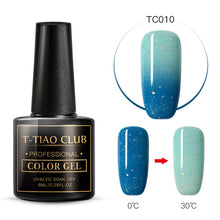 Load image into Gallery viewer, T-TIAO CLUB Thermal Shimmer Nail Gel Holographic Glitter Temperature Color Changing UV Gel Polish Varnish Lacquer Soak Off
