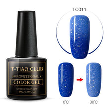 Load image into Gallery viewer, T-TIAO CLUB Thermal Shimmer Nail Gel Holographic Glitter Temperature Color Changing UV Gel Polish Varnish Lacquer Soak Off
