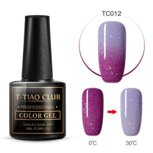 Load image into Gallery viewer, T-TIAO CLUB Thermal Shimmer Nail Gel Holographic Glitter Temperature Color Changing UV Gel Polish Varnish Lacquer Soak Off
