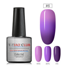 Load image into Gallery viewer, T-TIAO CLUB Thermal Shimmer Nail Gel Holographic Glitter Temperature Color Changing UV Gel Polish Varnish Lacquer Soak Off
